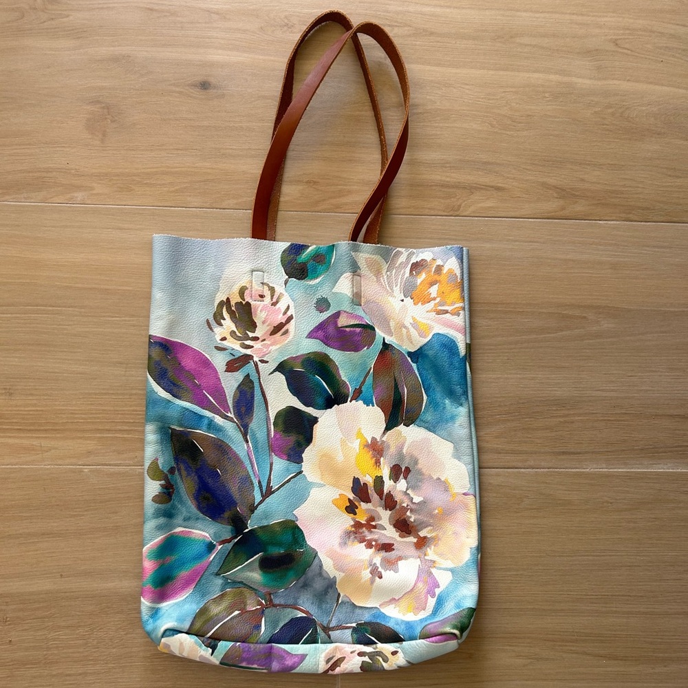 Anthropologie Leather Floral Watercolor Painted Tote